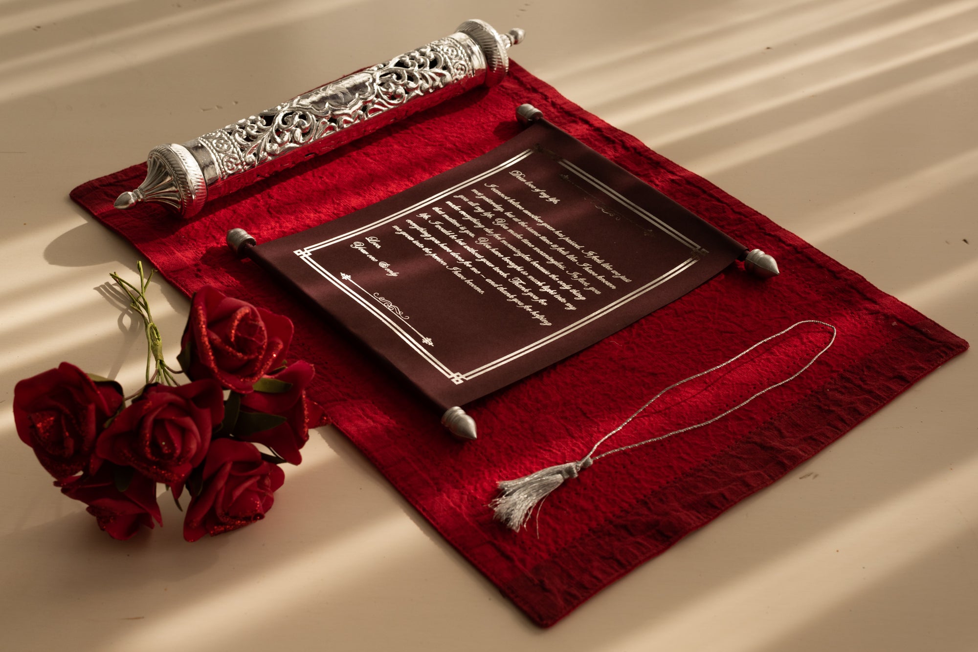 Burgundy Scroll with Silver Case